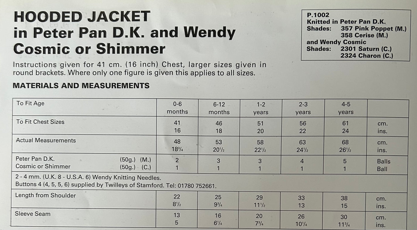 Knitting Pattern P1002 - Hooded Jacket in Peter Pan DK & Wendy Cosmic or Shimmer