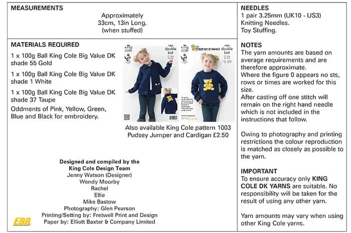 Knitting Pattern 1004 - Pudsey & Blush Bears in DK