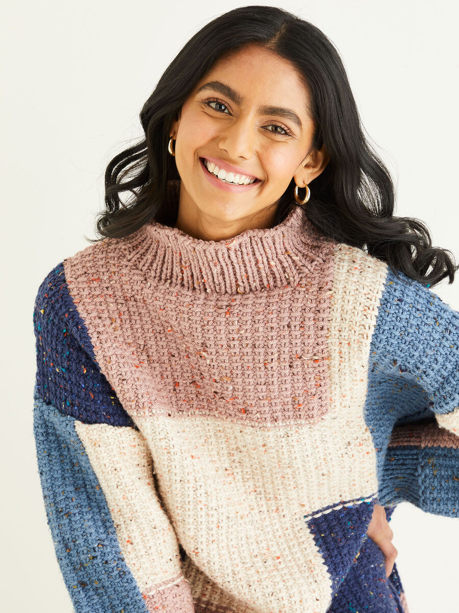 Knitting Pattern 10340 - ABSTRACT SWEATER & WIDE SCARF IN HAYFIELD BONUS CHUNKY TWEED