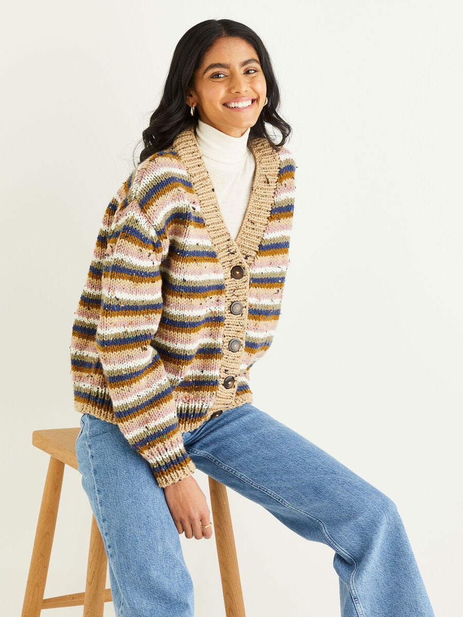 Knitting Pattern 10342 - STRIPED CARDIGAN IN HAYFIELD BONUS CHUNKY TWEED
