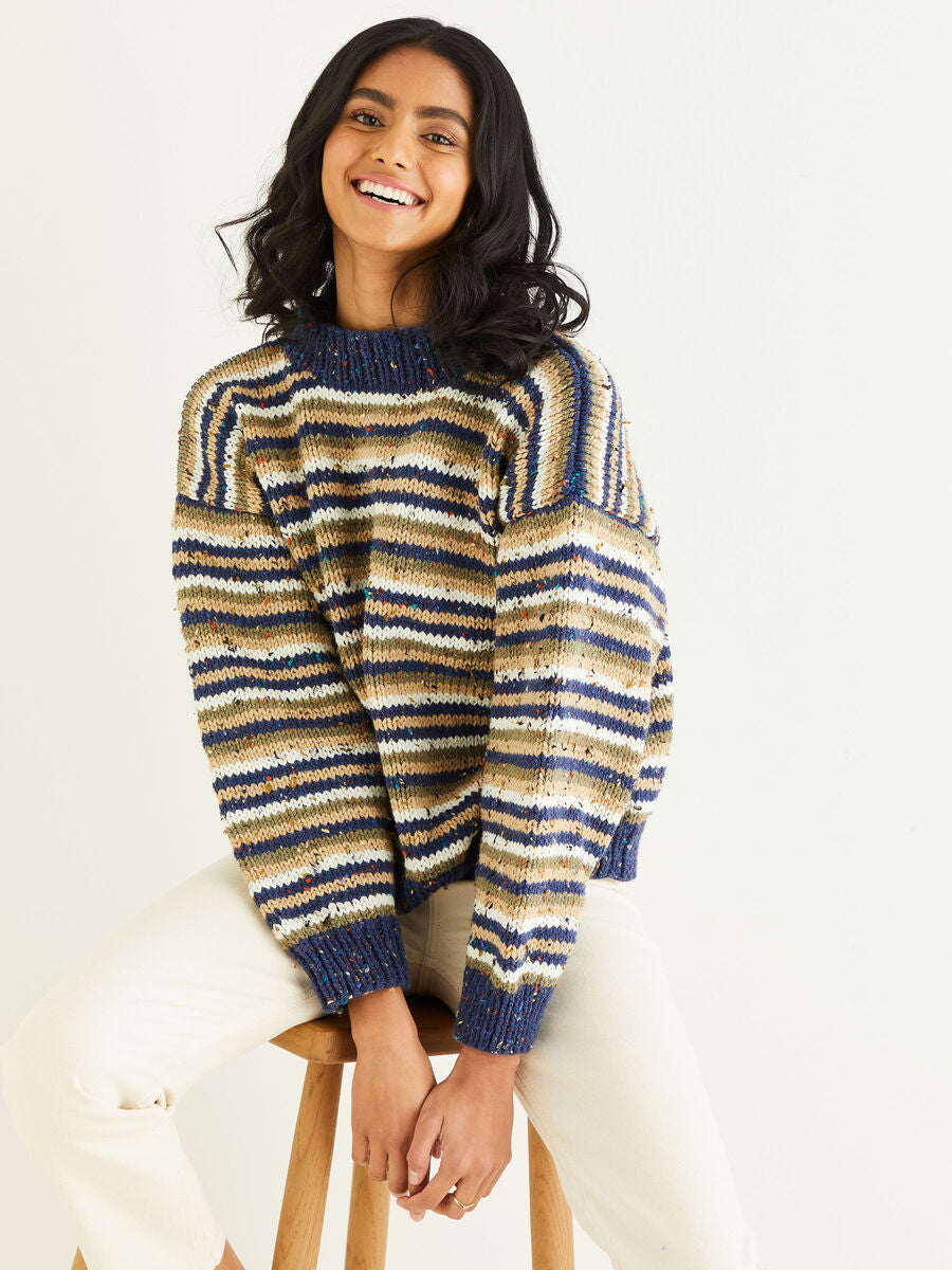 Knitting Pattern 10343 - STRIPED CREW NECK SWEATER IN HAYFIELD BONUS CHUNKY TWEED