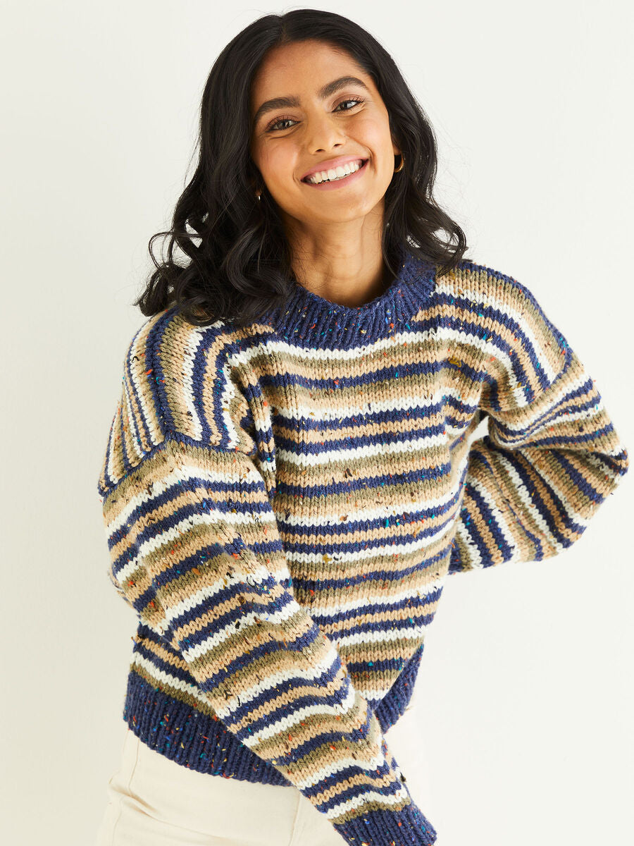 Knitting Pattern 10343 - STRIPED CREW NECK SWEATER IN HAYFIELD BONUS CHUNKY TWEED
