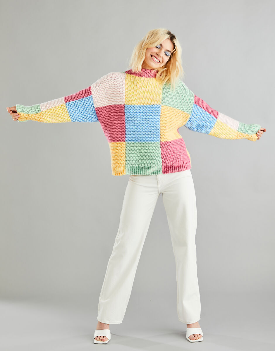 PATCHWORK FUNNEL NECK SWEATER IN HAYFIELD BONUS CHUNKY KIT