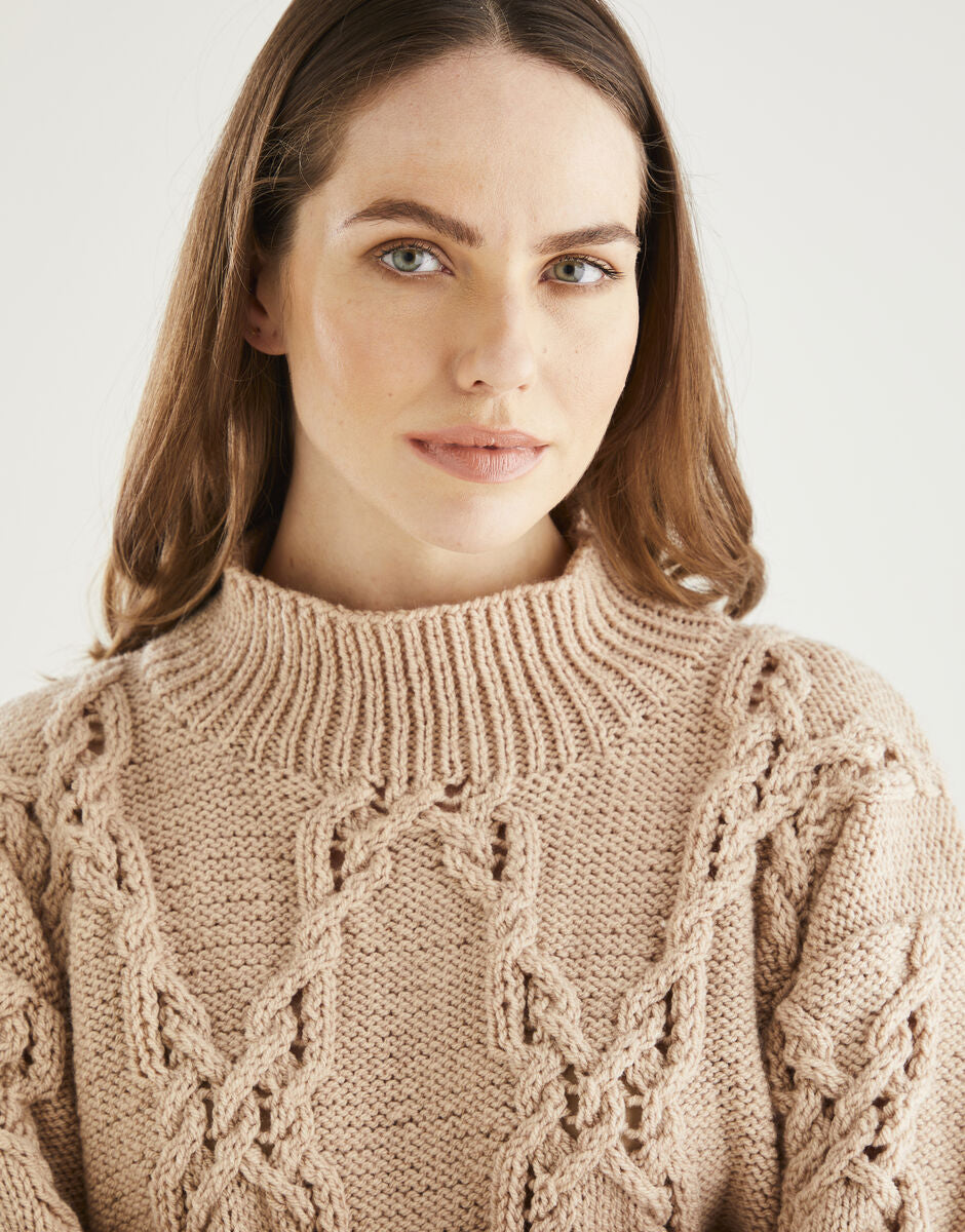 Knitting Pattern 10610 - EYELET LACE SWEATER IN HAYFIELD BONUS ARAN