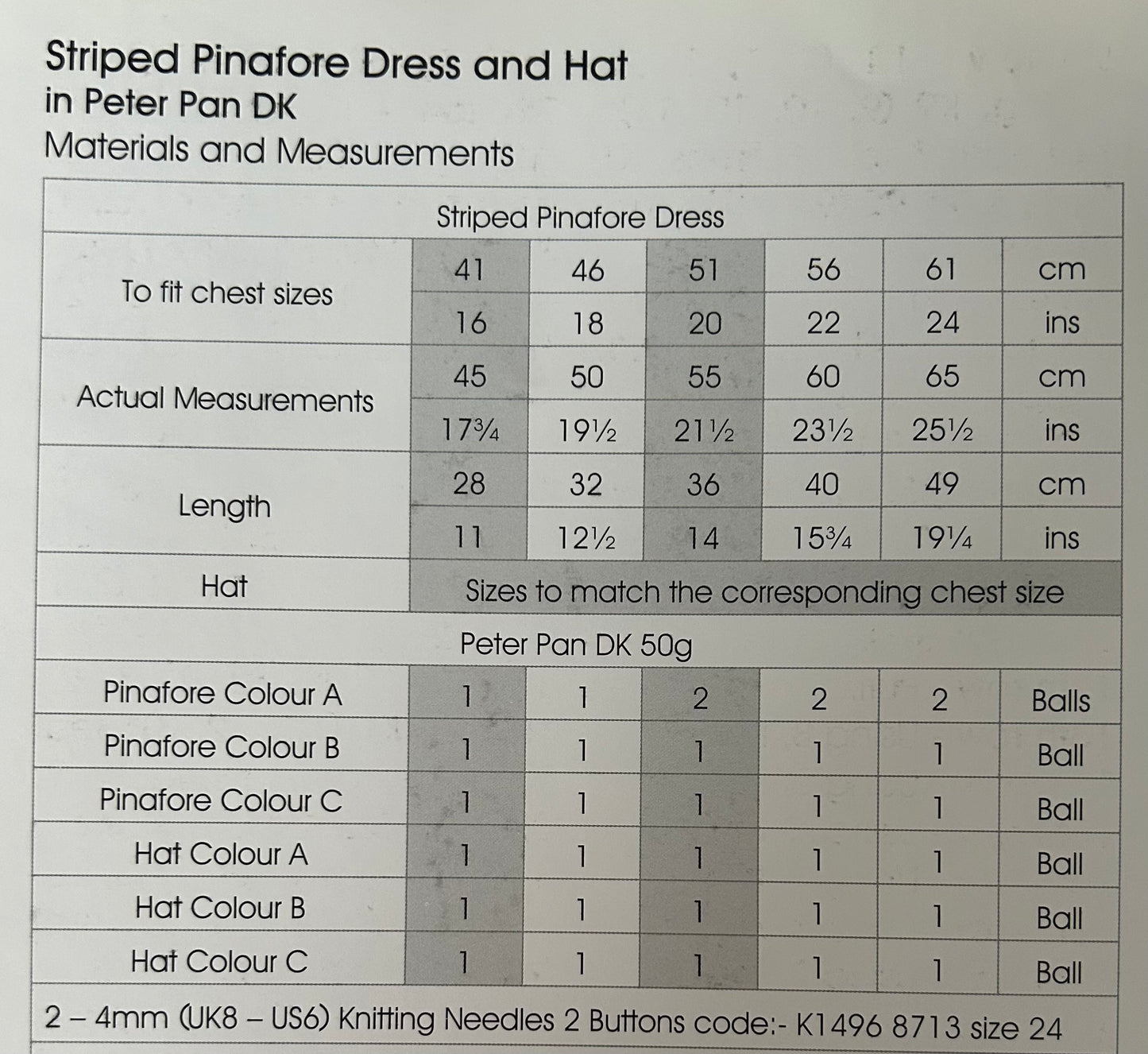 Knitting Pattern P1190 - Striped Pinafore Dress & Hat in Peter Pan DK