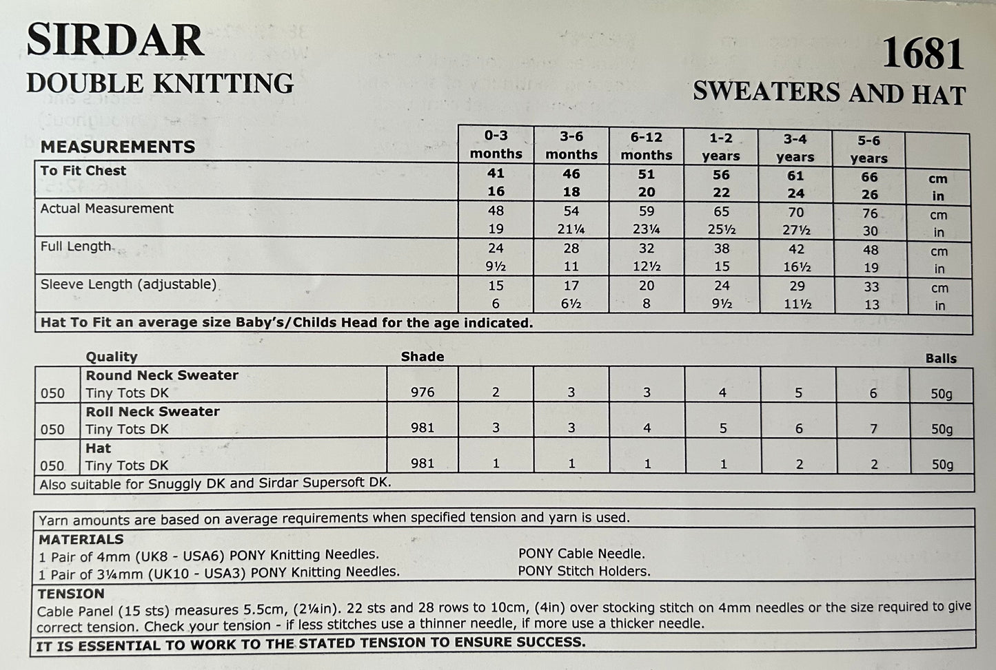 Knitting Pattern 1681 - Sweaters & Hat in Tiny Tots DK