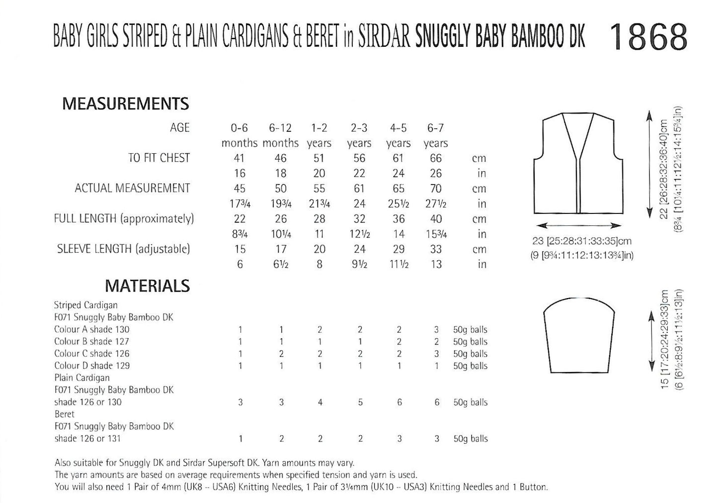 Knitting Pattern 1868 - Baby Girls Striped & Plain Cardigans & Beret in Snuggly Baby Bamboo DK