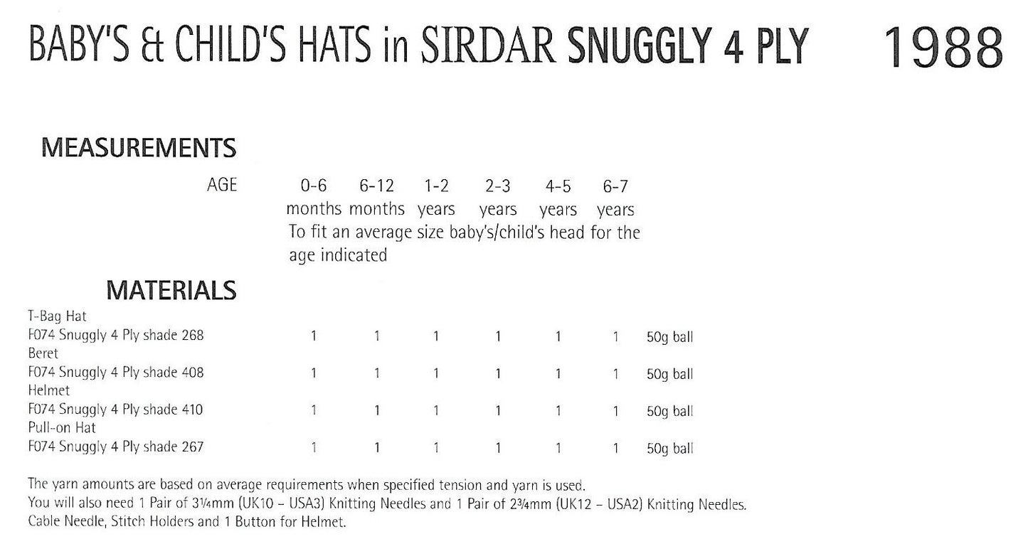 Knitting Pattern 1988 - Baby & Child Hats in Snuggly 4 Ply