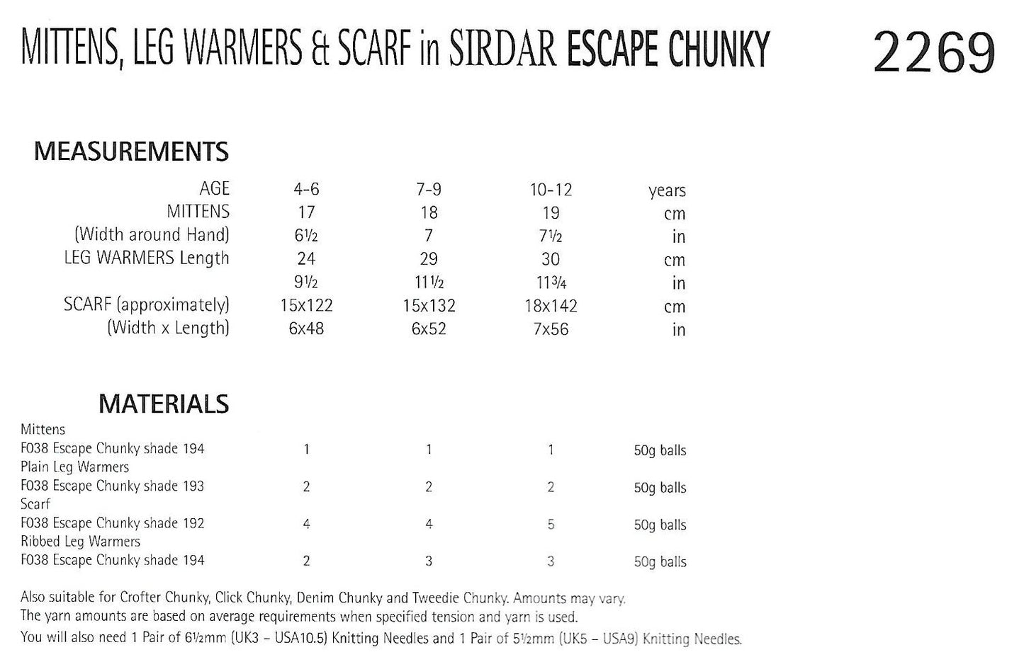 Knitting Pattern 2269 - Mittens, Leg Warmers, & Scarf in Escape Chunky
