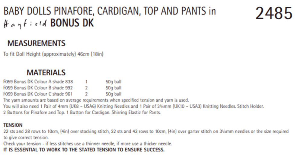 Knitting Pattern 2485 - Baby Dolls Pinafore, Top, Cardigan & Pants in Bonus DK