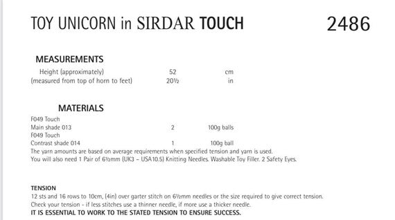 Knitting Pattern 2486 - Unicorn in Sirdar Touch