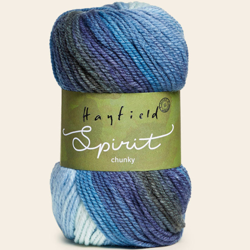 Blue and green yarn ball with 'Hayfield Spirit' label on a light background