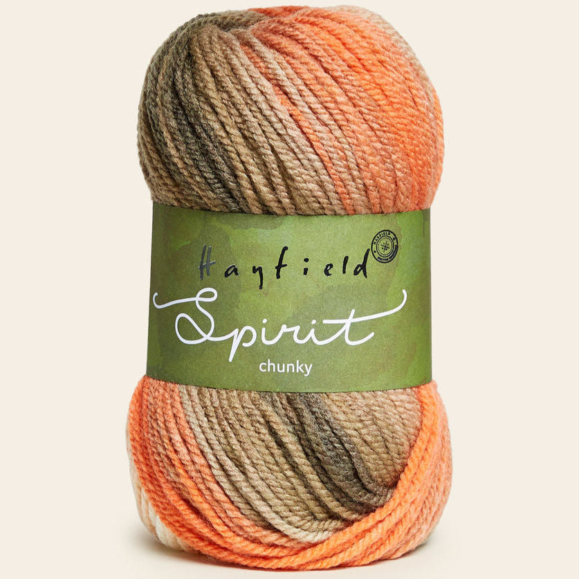 Ball of yarn with a Hayfield Spirit label on a light background