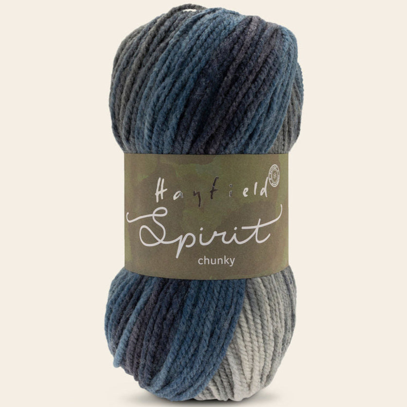 Blue and gray skein of yarn with 'Hayfield Spirit' label on a white background