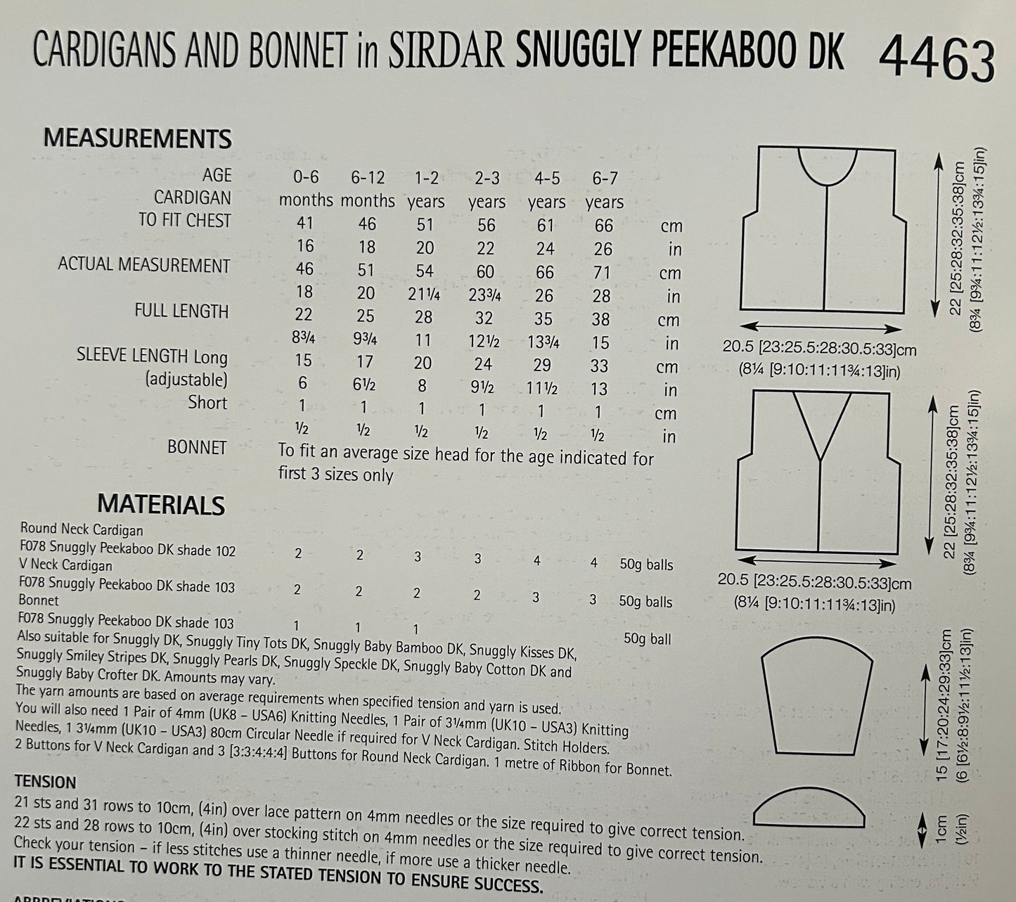 Knitting Pattern 4463 - Cardigans & Bonnet in Snuggly Peekaboo DK