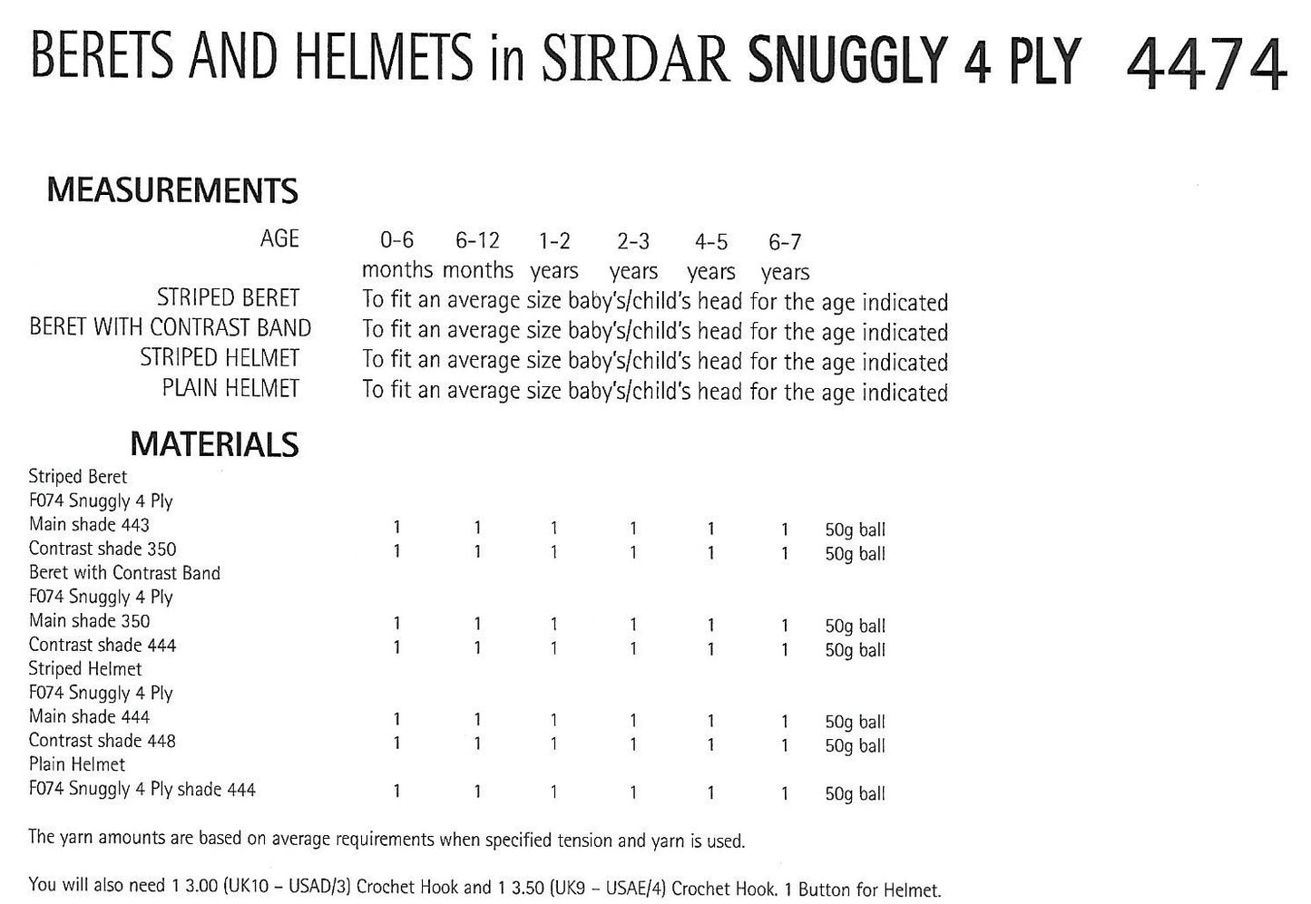 Crochet Pattern 4474 - Berets & Helmets in Snuggly 4 Ply