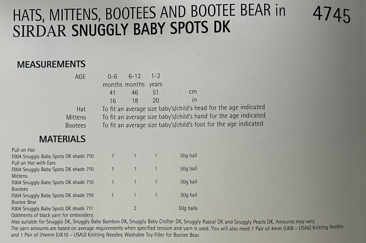Knitting Pattern 4745 - Hats, Mittens, Booties & Bear in Snuggly Baby Spots DK