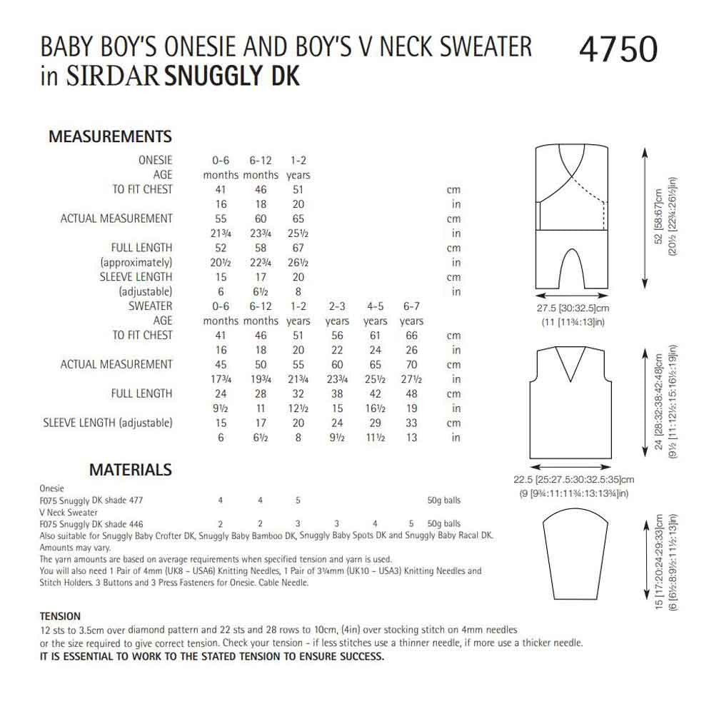 Knitting Pattern 4750 - Boys Onesie & V-Neck Sweater in Snuggly DK