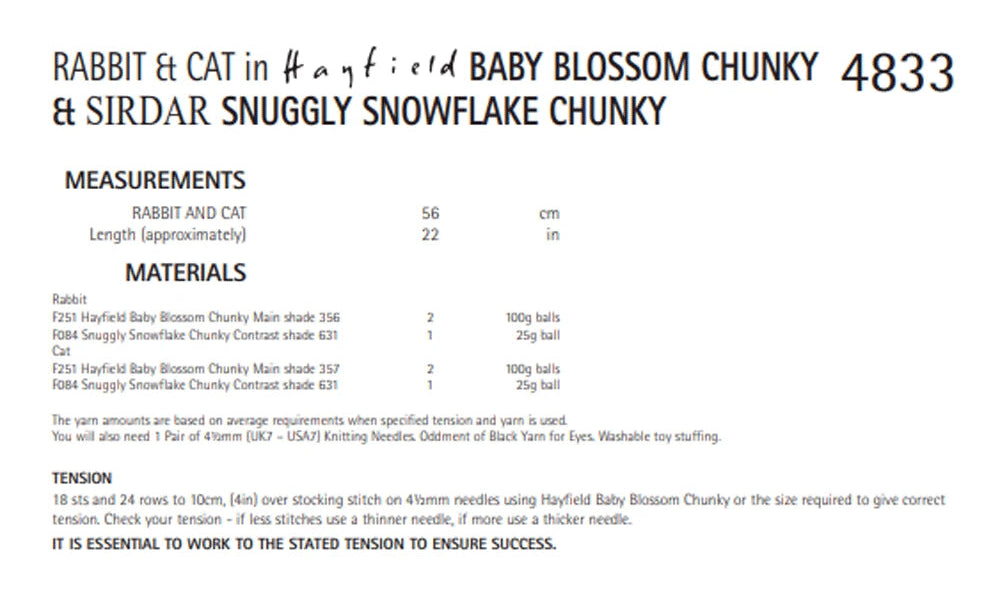 Knitting Pattern 4833 - Rabbit & Cat in Baby Blossom Chunky & Sirdar Snowflake Chunky