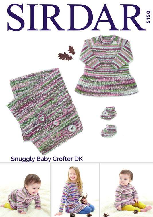 Knitting Pattern 5150 - Dress, Bootees, & Blanket in Snuggly Baby Crofter DK