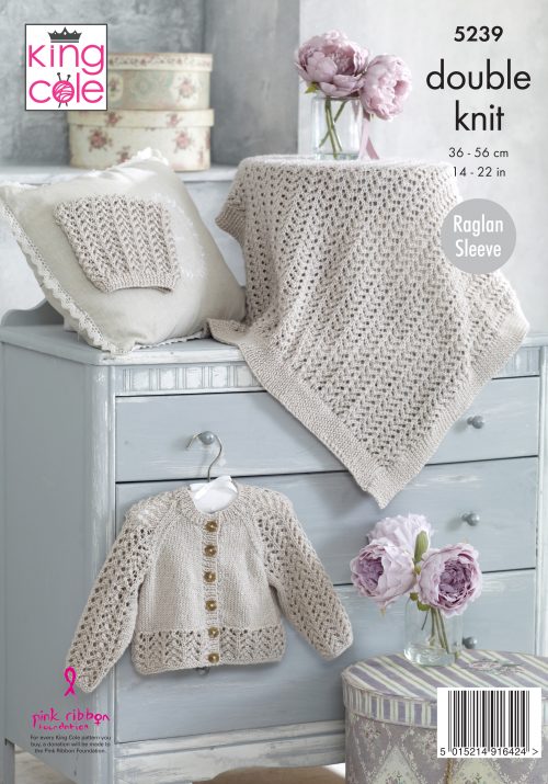 Knitting Pattern 5239 - Raglan Cardigan, Blanket & Hat Knitted in Baby Glitz DK