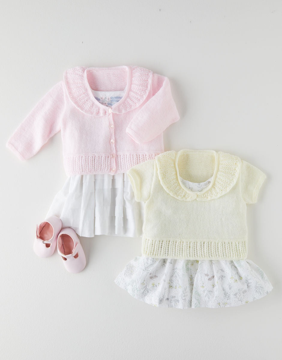 Knitting Pattern 5366 - SWEATER & CARDIGAN WITH LACE COLLAR IN SNUGGLY 3 PLY