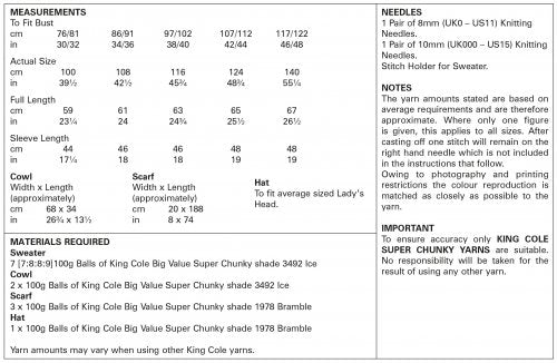 Knitting Pattern 5839 - Sweater, Cowl, Scarf And Hat: Knitted in Big Value Super Chunky