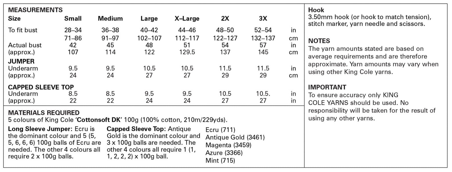 Crochet Pattern 5944 - Jumper and Alternative Capped Sleeve Top Crocheted in King Cole Cottonsoft DK