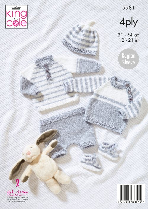 Knitting Pattern 5981 - Sweaters, Pants, Hat & Bootees Knitted in Cherished 4Ply