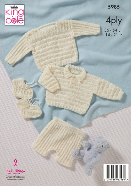 Knitting Pattern 5985 - Sweaters, Pants & Bootees Knitted in Cherished 4Ply
