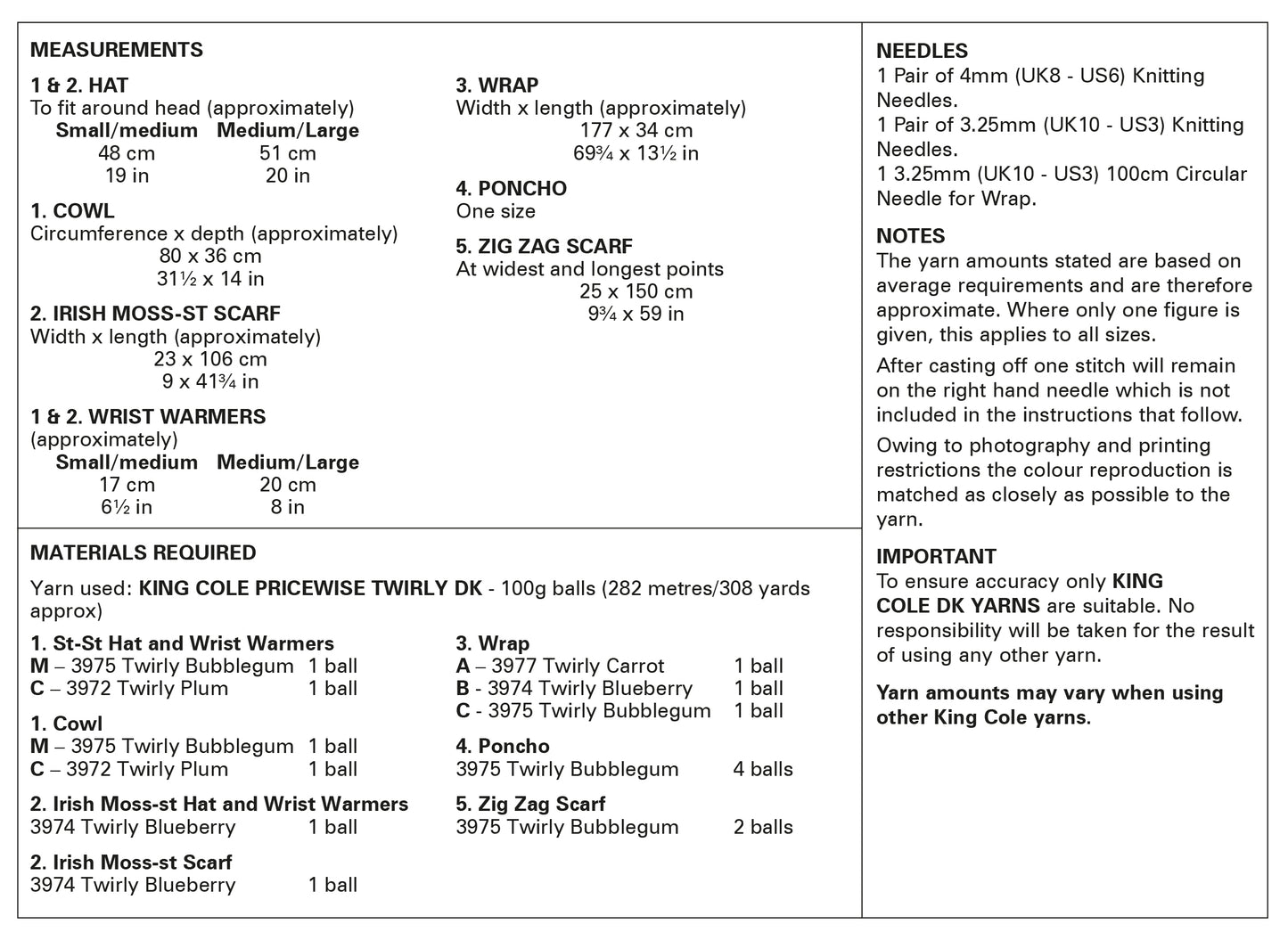 Knitting Pattern 6134 - Accessories Knitted in Pricewise Twirly DK