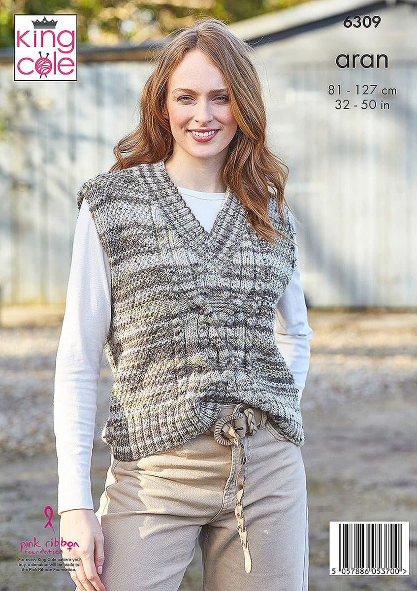 Knitting Pattern 6309 - Ladies Round and V Neck Tanks knitted in Homespun Prism Aran