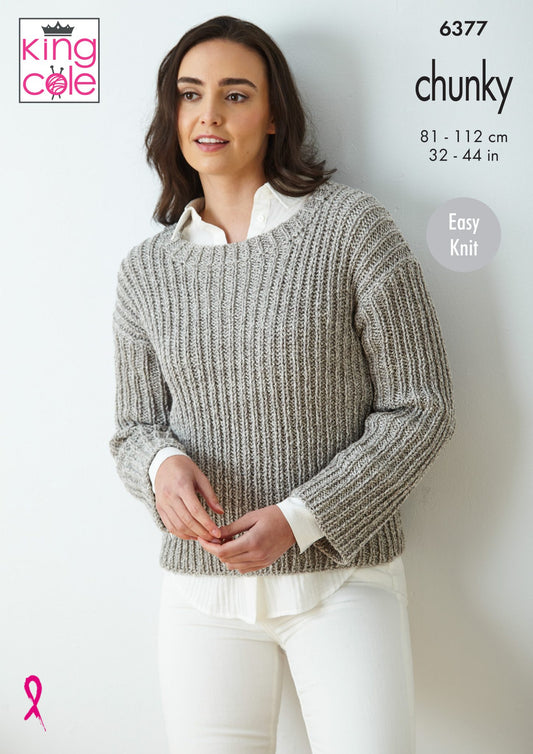 Knitting Pattern 6377 - Sweater and Waistcoat knitted in Simply Denim Chunky