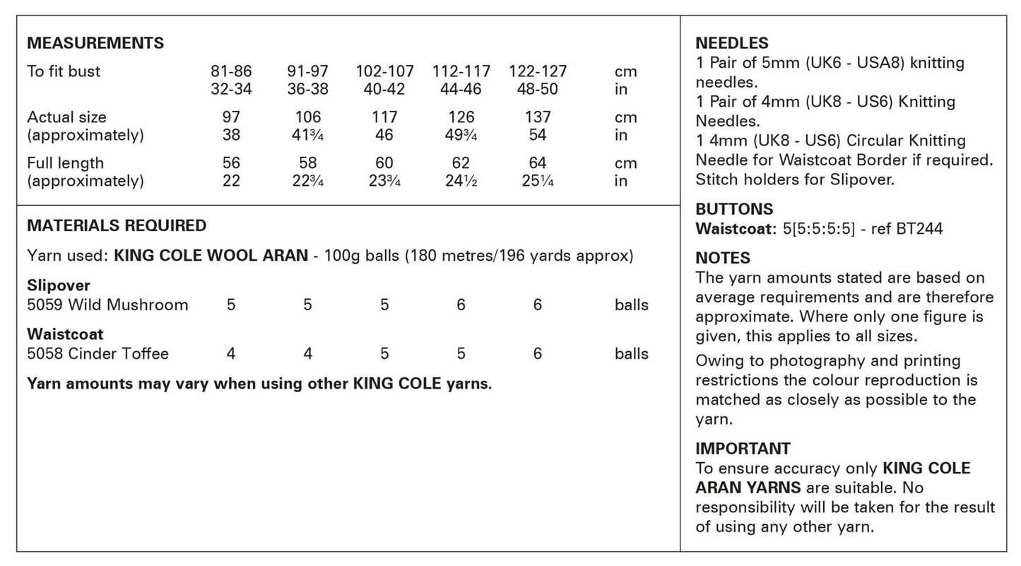 Knitting Pattern 6428 - Slipover and Waistcoat knitted in Wool Aran