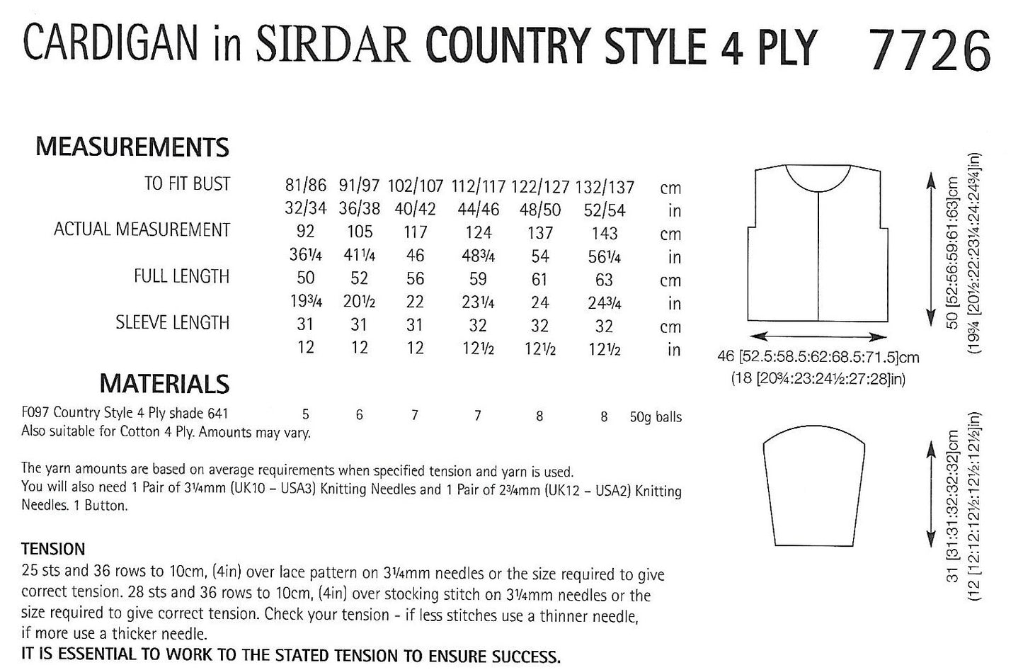 Knitting Pattern 7726 - Cardigan in Country Style 4 Ply
