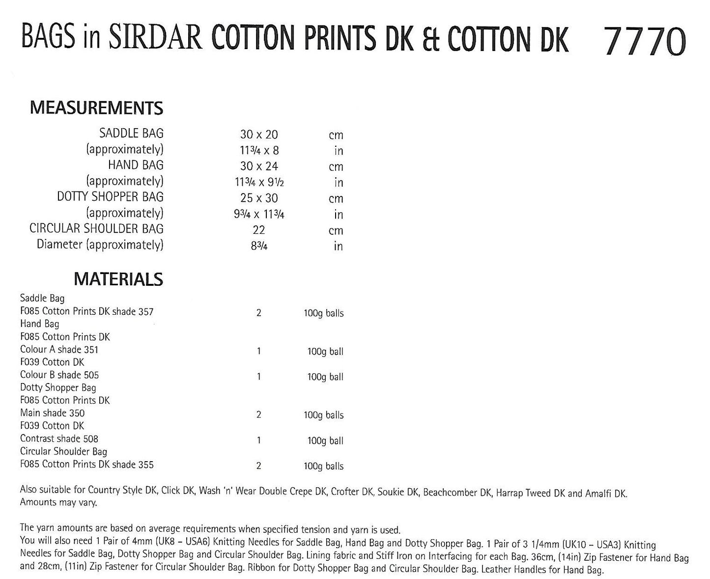 Knitting Pattern 7770 - Bags in Sirdar Cotton Prints DK & Cotton DK