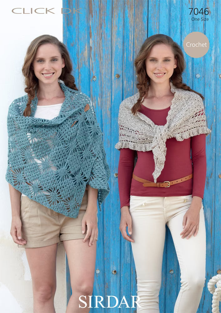 Crochet Pattern 7046 - Diamond Pattern Wrap & Triangular Shawl with Frill in Click DK