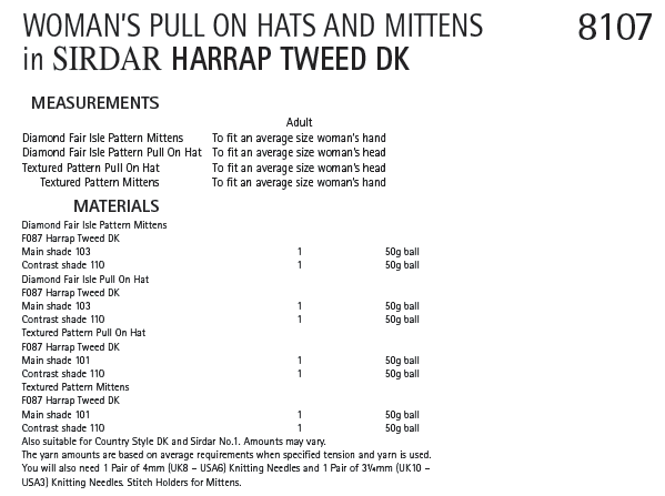 Knitting Pattern 8107 - Womens Hats & Mittens in Harrap Tweed DK