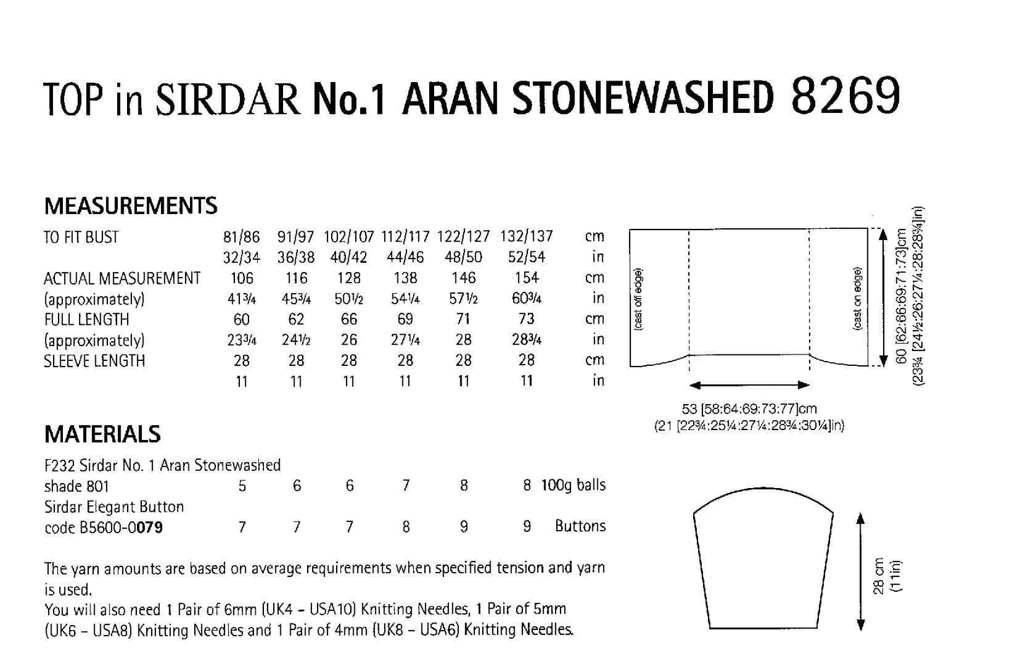 Knitting Pattern 8269 - TOP IN SIRDAR NO 1 STONEWASHED ARAN