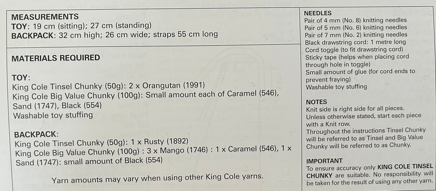 Knitting Pattern 9057 - Orangutan Backpack & Toy