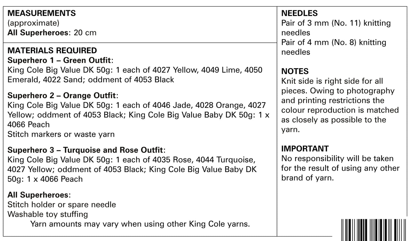 Knitting Pattern 9104 - Superheroes in DK