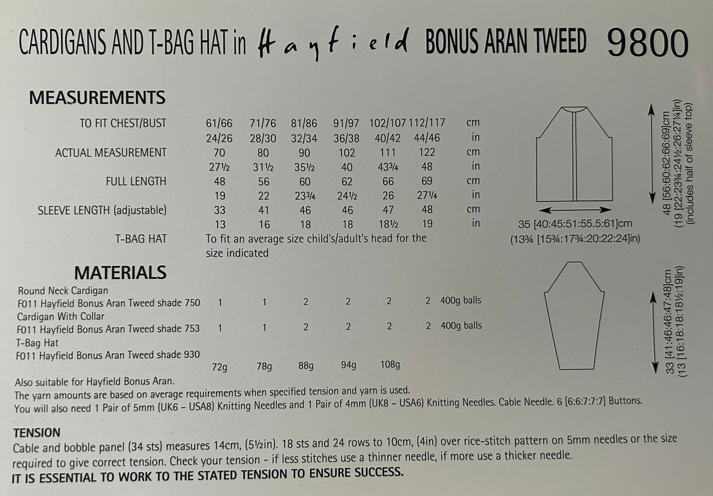 Knitting Pattern 9800 - Cardigans & T-Bag Hat in Bonus Aran Tweed