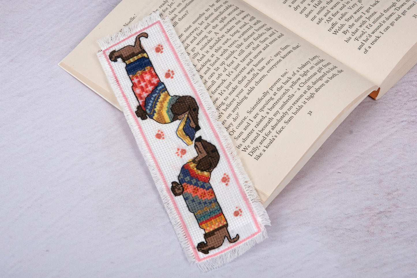 PRINTED (NO COUNT) CROSS STITCH - BOOKMARK KIT - DACHSHUND IN JUMPER