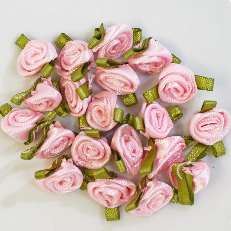 Ribbon Rose _ Small with Green Leaves - Pack of 20 - 2 Colours Availablle