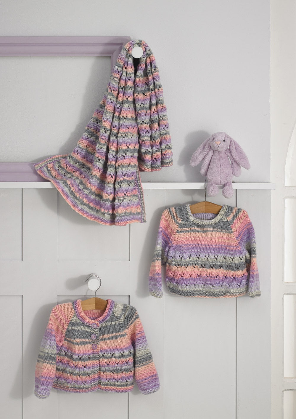 Knitting Pattern JB746 - Cardigan, Sweater, & Blanket in Baby Twinkle Prints DK
