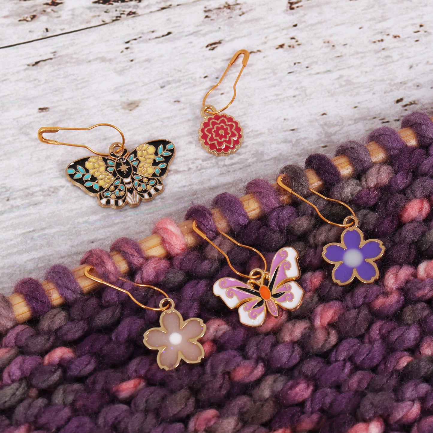 Stitch Markers: Metal Charm Bulb Pin Markers: 5 Pieces: Butterfly Garden