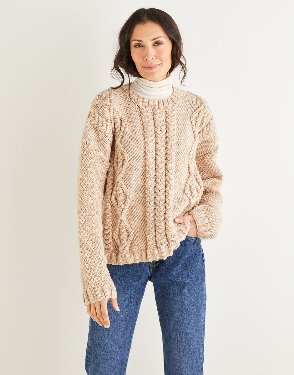 Knitting Pattern 10223 - DIAMOND AND ARROWHEAD TEXTURED SWEATER IN HAYFIELD BONUS ARAN WITH WOOL