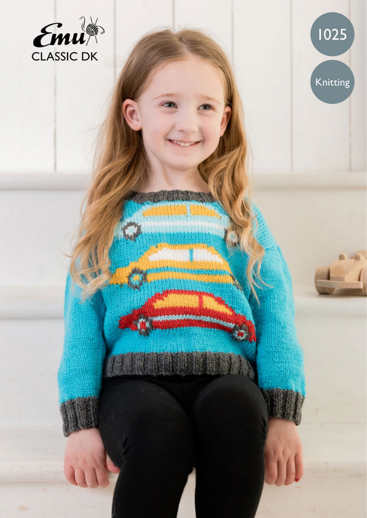 Knitting Pattern 1025 - Child's Car Jumper In Emu Classic DK