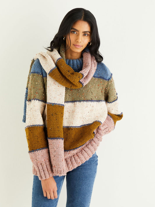 Knitting Pattern 10339 - BLANKET STITCH SWEATER & SCARF IN HAYFIELD BONUS CHUNKY TWEED