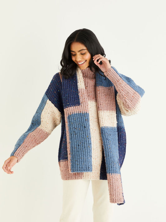 Knitting Pattern 10340 - ABSTRACT SWEATER & WIDE SCARF IN HAYFIELD BONUS CHUNKY TWEED